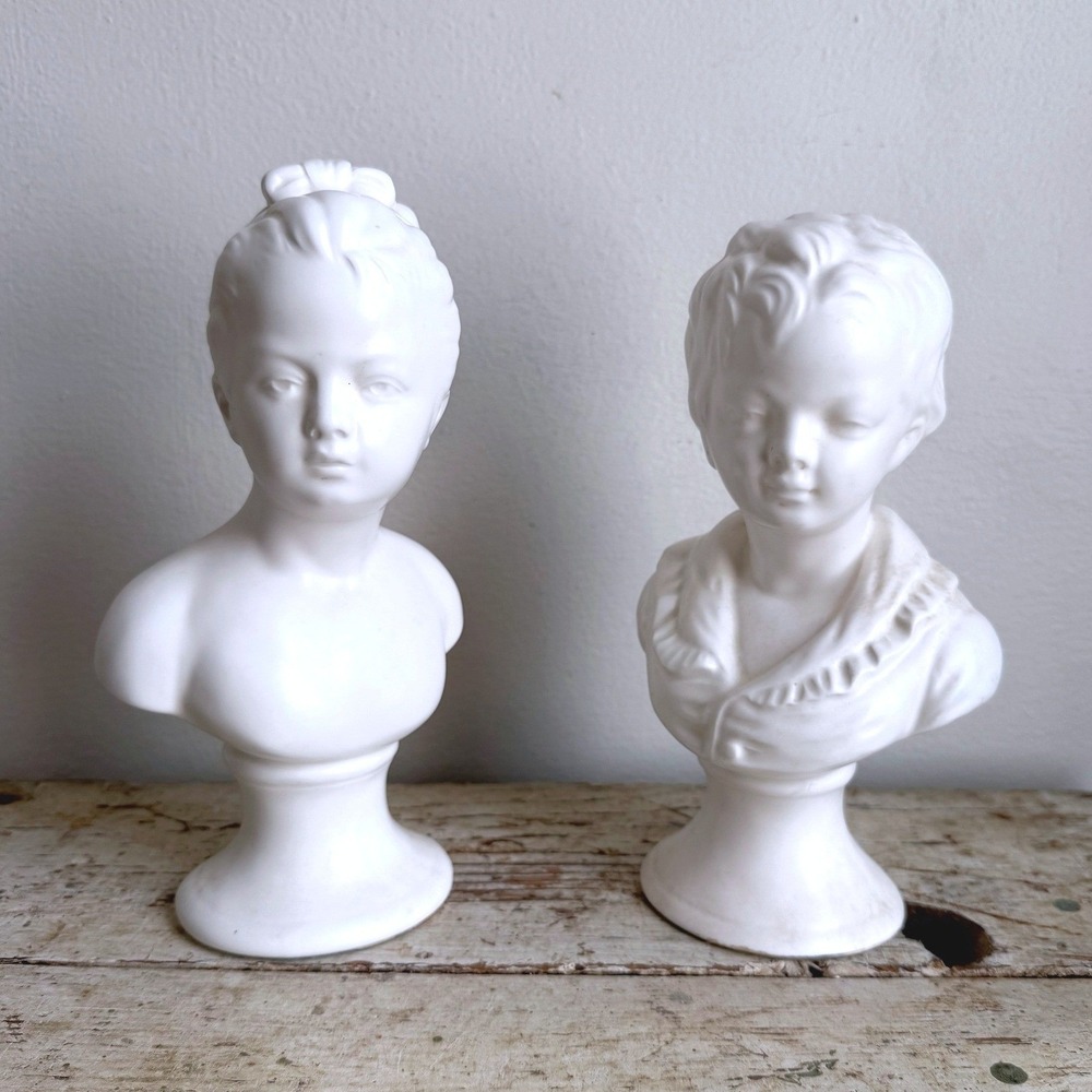 Vintage National Potteries Co Boy & Girl Pedestal Bust Victorian Decor Bookends